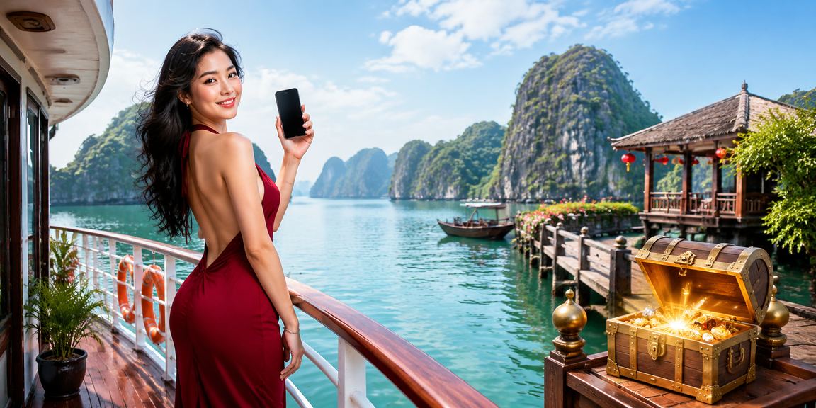 Người dùng Việt Nam sử dụng điện thoại tại Vịnh Hạ Long để truy cập ứng dụng giải trí di động