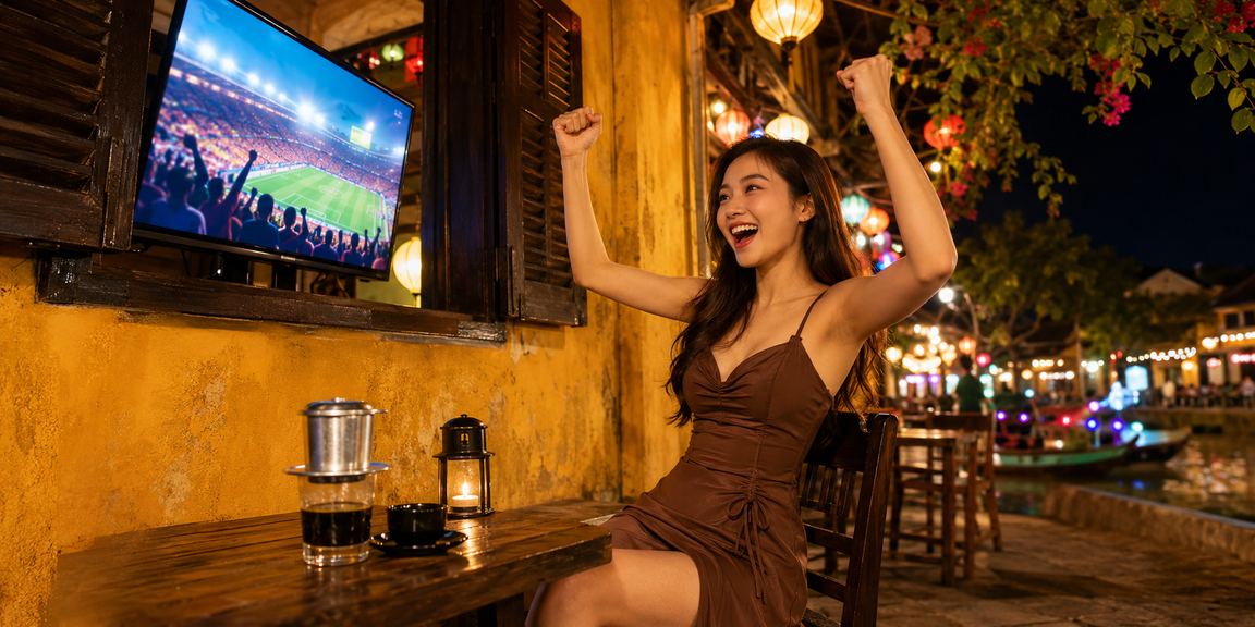 Người dùng tại Hội An ngồi quán cà phê bên phố cổ, kiểm tra tiền thưởng và ưu đãi trên điện thoại